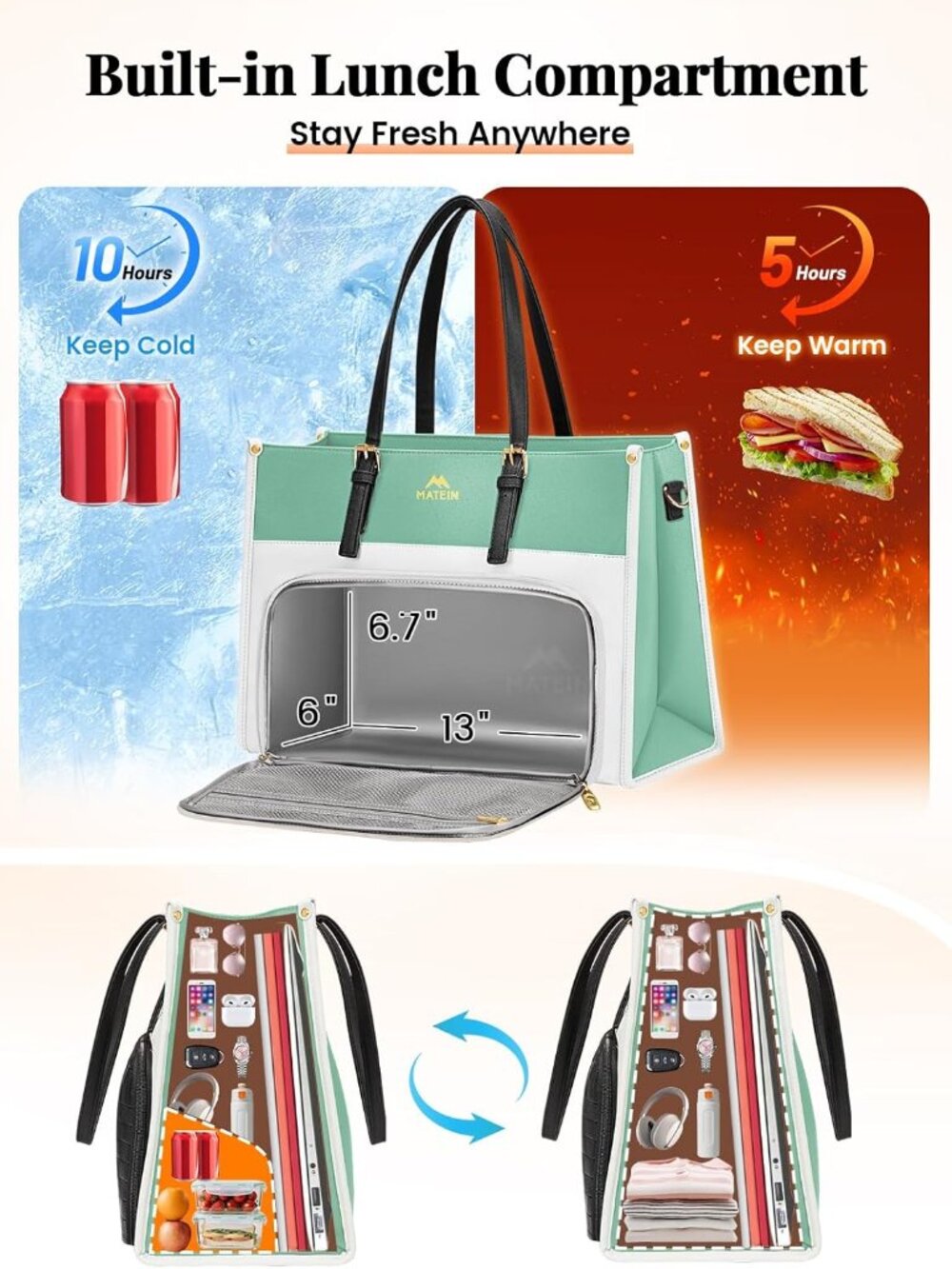 Tote Lunch Bag for Women, 15.6 Inch Laptop Tote with Larger Insulated Lunch Comp - Picture 3 of 9